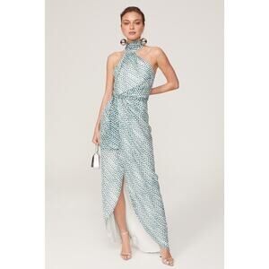 ELLE ZEITOUNE Blue Polka Dot Satin Halter Neckline Tie Waist Grace Gown Size L